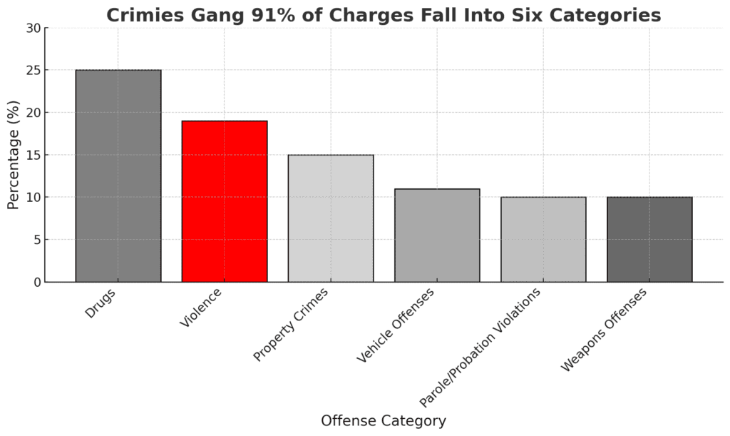 Crimies gangs and violence account for 19% of charges.