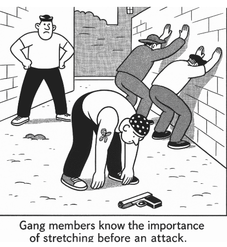Cartoon of four gang members stretching.
