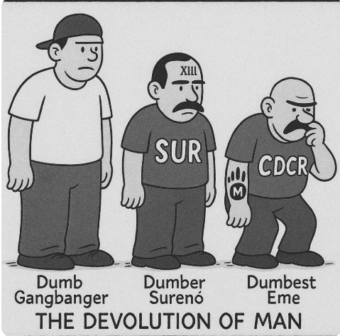 Cartoon of gang members in prison.