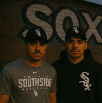 A photograph which depicts two Hispanic males wearing White Sox baseball clothing in front of a wall which reads, "SOX"