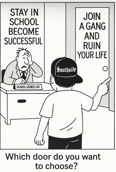 Cartoon of a school counselor asking a gang member if he want's to be successful or ruin his life by joining a gang.