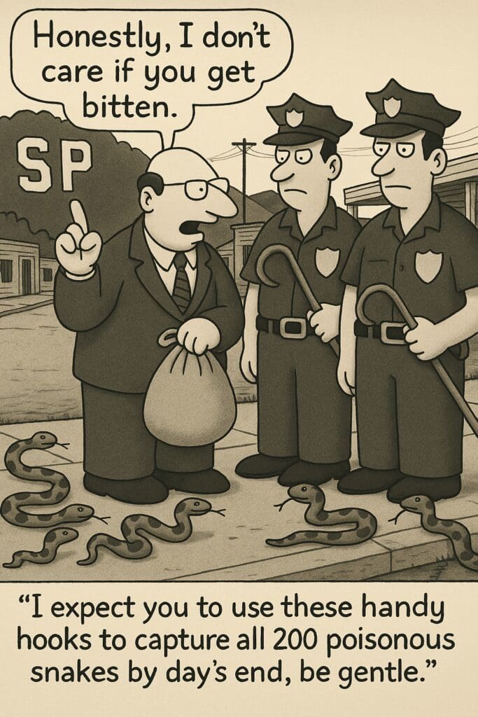 Cartoon Santa Paula police to capture snakes.