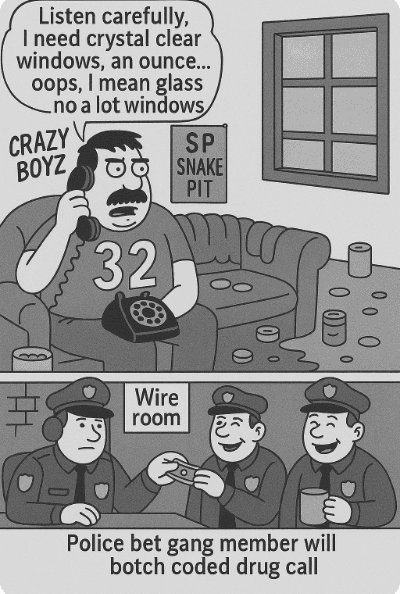 Cartoon gang member ordering drugs.