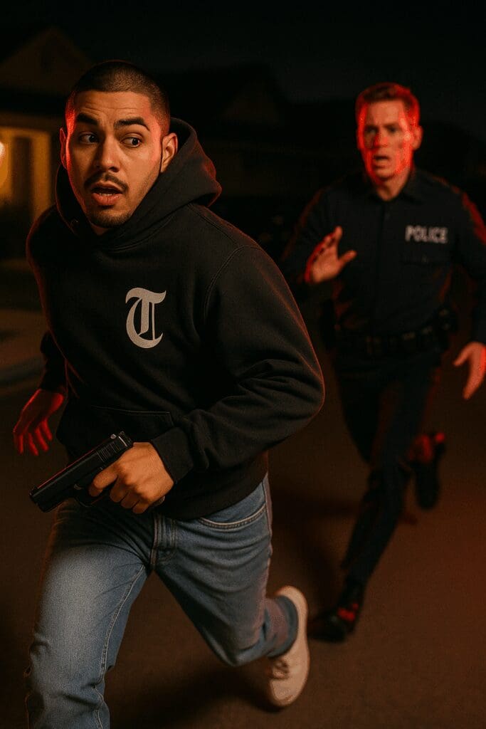 Guns and gangs member running from police.