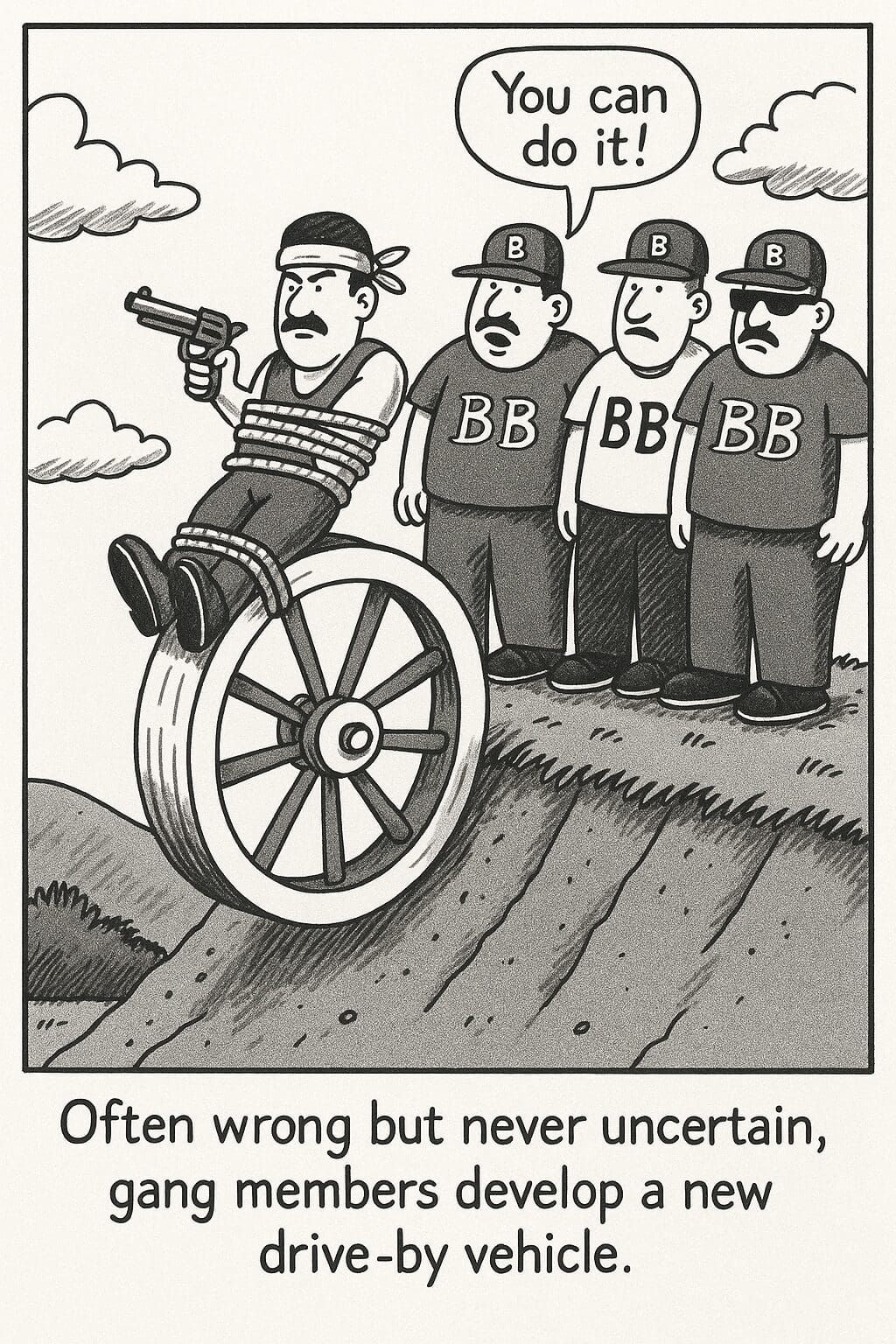 Gang cartoon drive by vehicle.