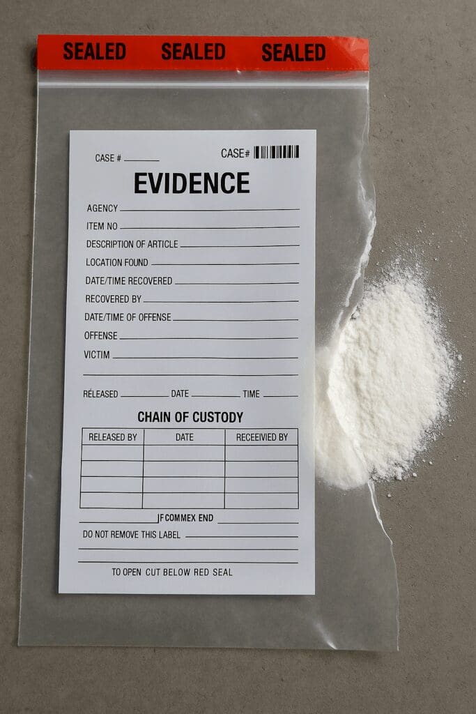 Evidence bag spilling drugs