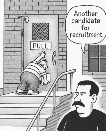 Cartoon of a boy trying to open a door which says "pull"